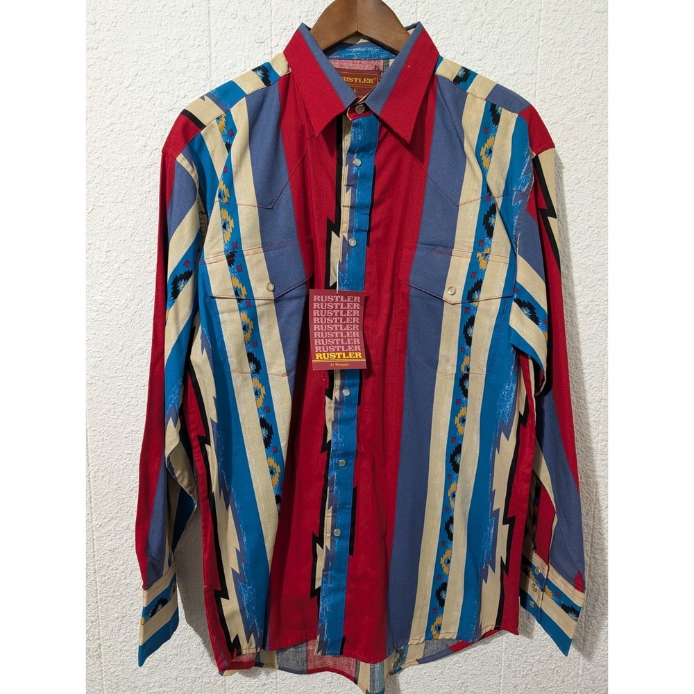 Wrangler Red Blue Cream Striped Western Button-Down Shirt